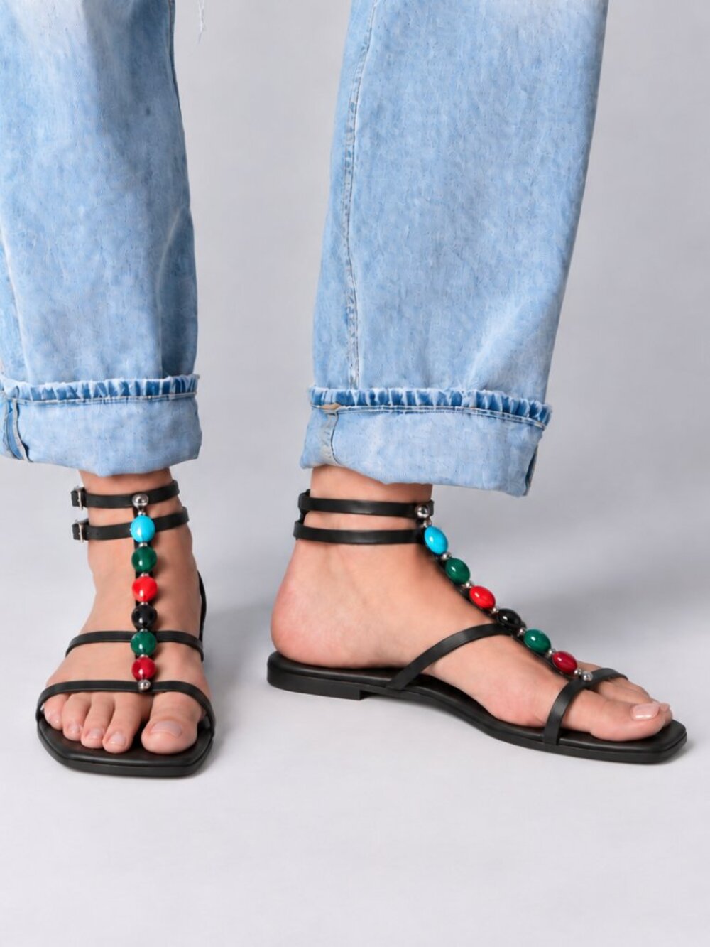 Matisse Veron Black Leather Beaded Ankle Strap Gladiator Sandals Flats 8 NIB